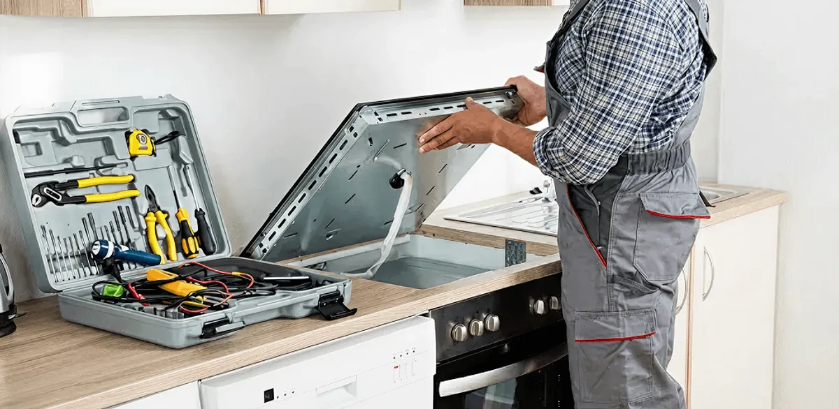 Handyman repairing a cooktop and checking wiring connections in Tampa, FL