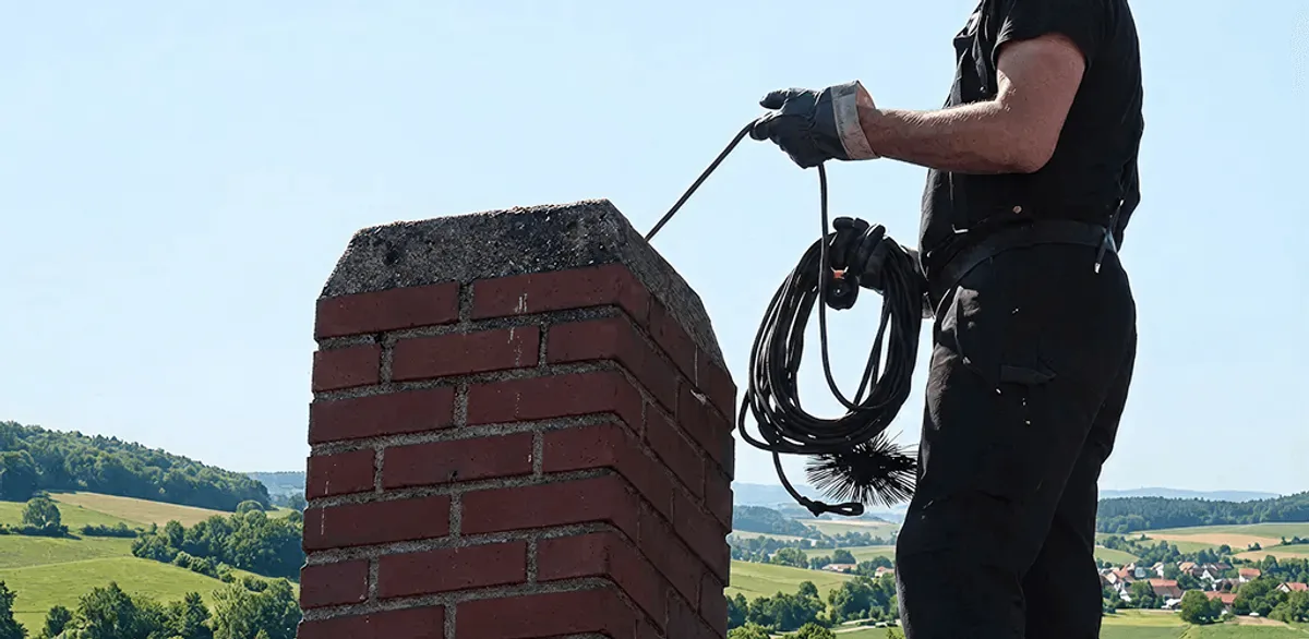 Chimney sweep inspecting and cleaning a rooftop chimney in Tampa, FL