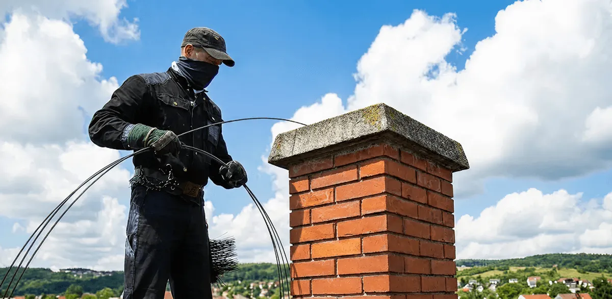 Chimney sweep cleaning a brick chimney with professional tools in Tampa, FL