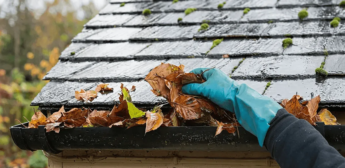 Gutter cleaning technician clearing wet leaves from roof gutters in Tampa, FL